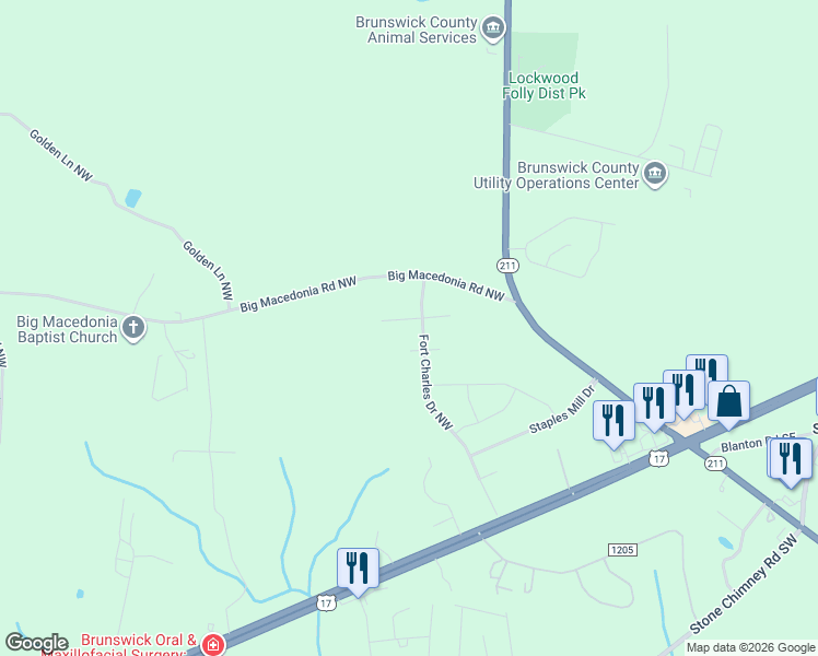 map of restaurants, bars, coffee shops, grocery stores, and more near 224 Fort Charles Drive Northwest in Brunswick County