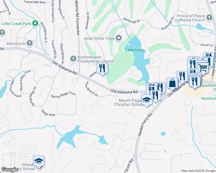 map of restaurants, bars, coffee shops, grocery stores, and more near 2602 Long Pointe in Roswell