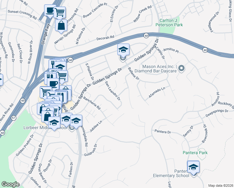 map of restaurants, bars, coffee shops, grocery stores, and more near 23815 Enriquez Drive in Diamond Bar