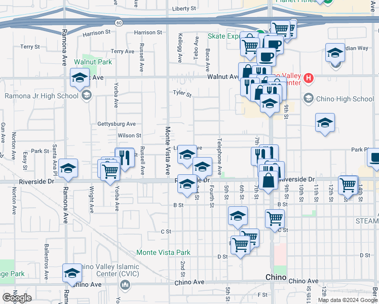 map of restaurants, bars, coffee shops, grocery stores, and more near 4981 Lincoln Avenue in Chino