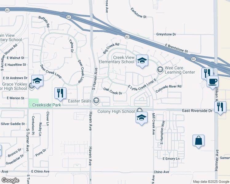 map of restaurants, bars, coffee shops, grocery stores, and more near 3635 Oak Creek Drive in Ontario