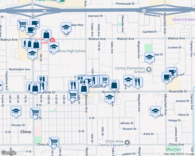 map of restaurants, bars, coffee shops, grocery stores, and more near 12767 16th Street in Chino