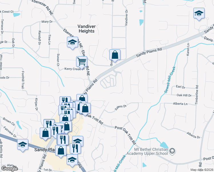 map of restaurants, bars, coffee shops, grocery stores, and more near 2904 Crimson Rose Lane in Marietta