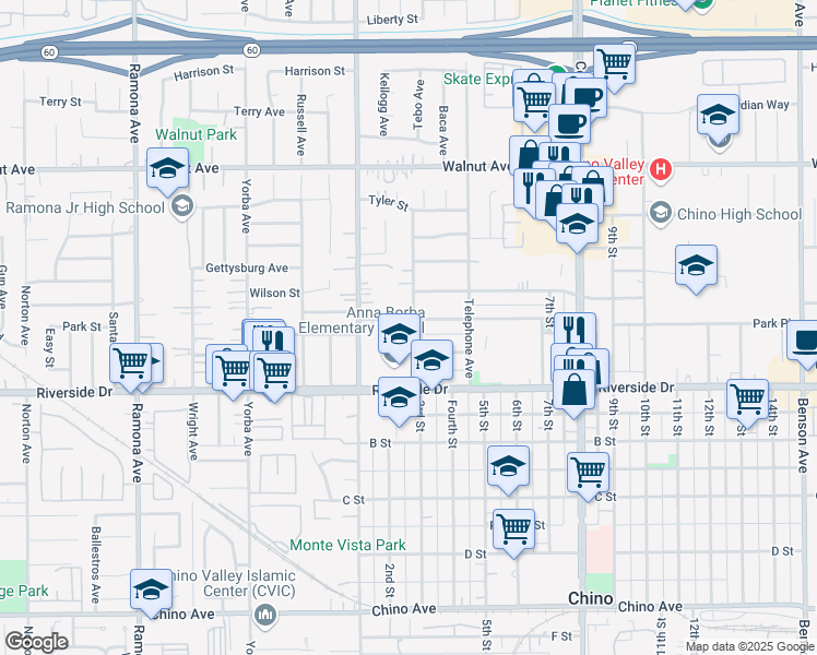 map of restaurants, bars, coffee shops, grocery stores, and more near 12794 3rd Street in Chino