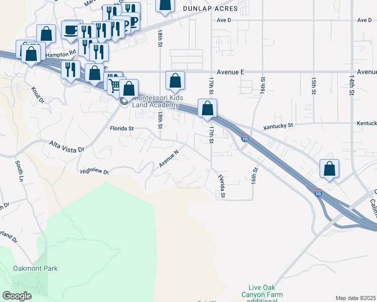 map of restaurants, bars, coffee shops, grocery stores, and more near 31844 Florida Street in Redlands