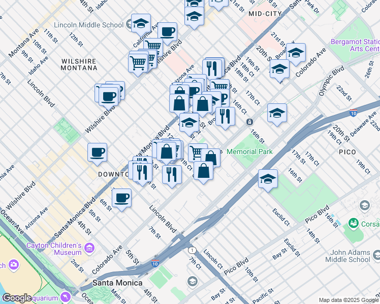 map of restaurants, bars, coffee shops, grocery stores, and more near 1512 Euclid Street in Santa Monica