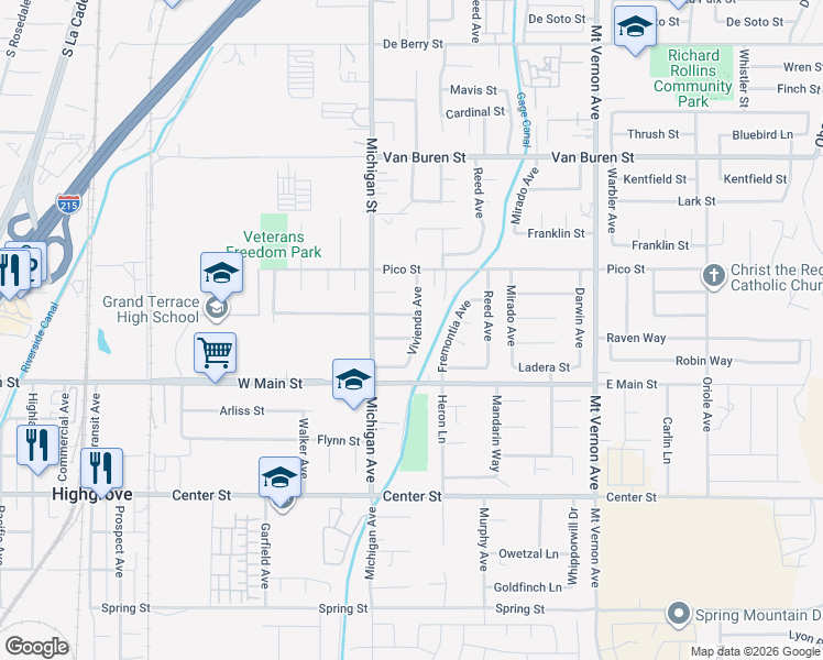 map of restaurants, bars, coffee shops, grocery stores, and more near 22170 Raven Way in Grand Terrace