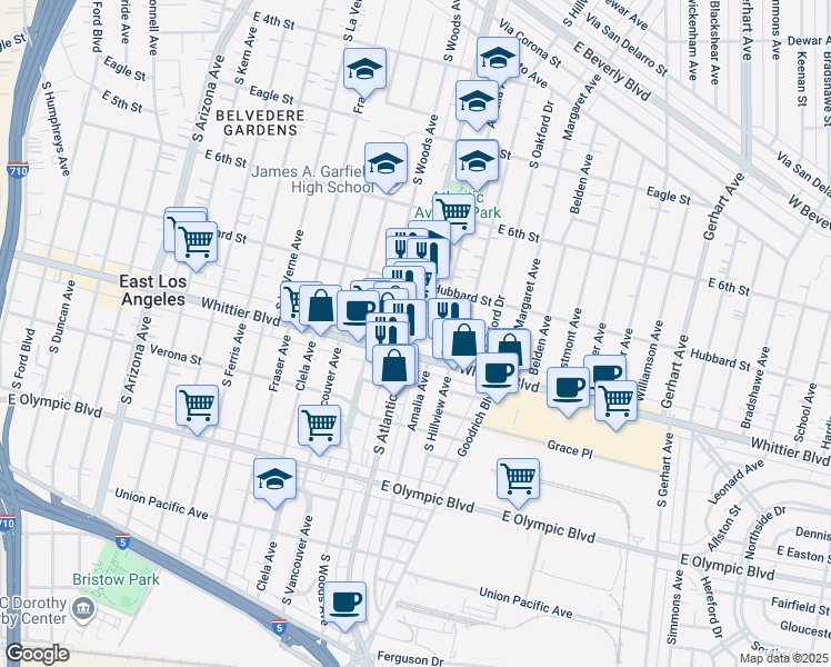 map of restaurants, bars, coffee shops, grocery stores, and more near 738 South Atlantic Boulevard in East Los Angeles