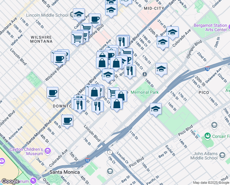 map of restaurants, bars, coffee shops, grocery stores, and more near 1534 Euclid Street in Santa Monica