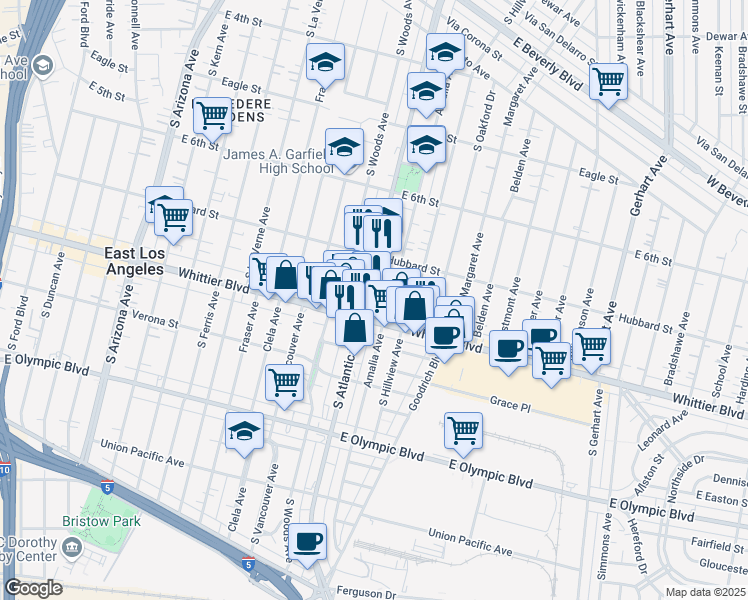 map of restaurants, bars, coffee shops, grocery stores, and more near 752 South Atlantic Boulevard in East Los Angeles