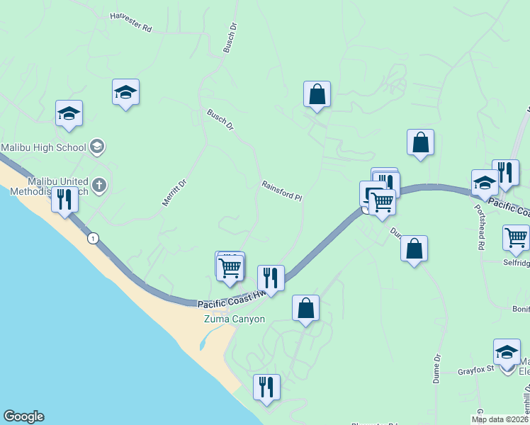 map of restaurants, bars, coffee shops, grocery stores, and more near 6254 Busch Drive in Malibu