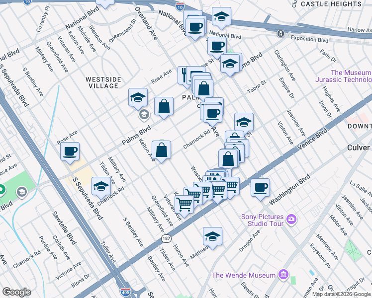 map of restaurants, bars, coffee shops, grocery stores, and more near 3604 Westwood Boulevard in Los Angeles