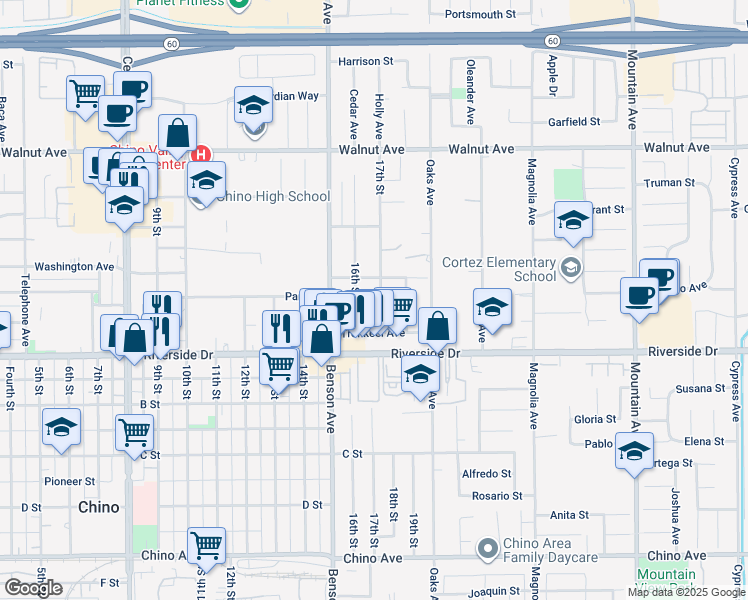 map of restaurants, bars, coffee shops, grocery stores, and more near 12796 17th Street in Chino