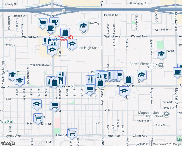 map of restaurants, bars, coffee shops, grocery stores, and more near 12 Park Place in Chino