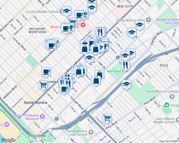 map of restaurants, bars, coffee shops, grocery stores, and more near in Santa Monica
