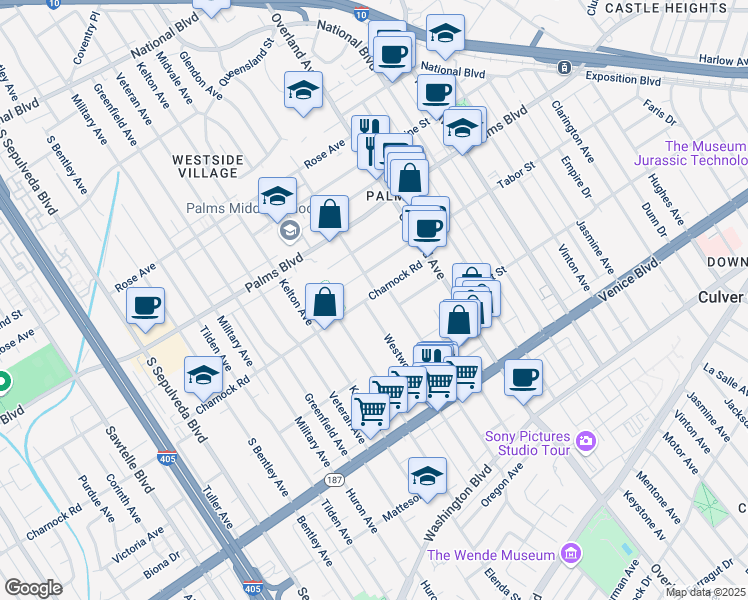 map of restaurants, bars, coffee shops, grocery stores, and more near 3604 Westwood Boulevard in Los Angeles