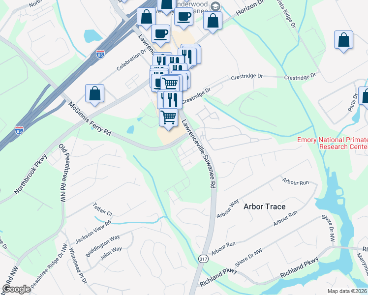 map of restaurants, bars, coffee shops, grocery stores, and more near 2696 Lawrenceville-Suwanee Road in Suwanee