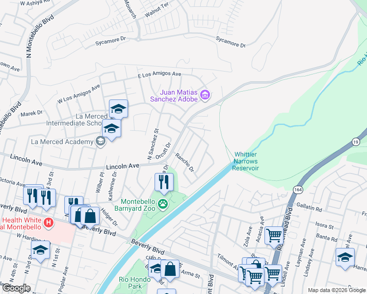 map of restaurants, bars, coffee shops, grocery stores, and more near 752 Orcutt Drive in Montebello