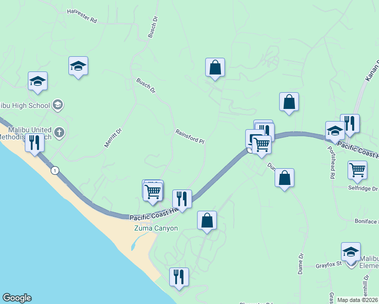 map of restaurants, bars, coffee shops, grocery stores, and more near 6254 Busch Drive in Malibu