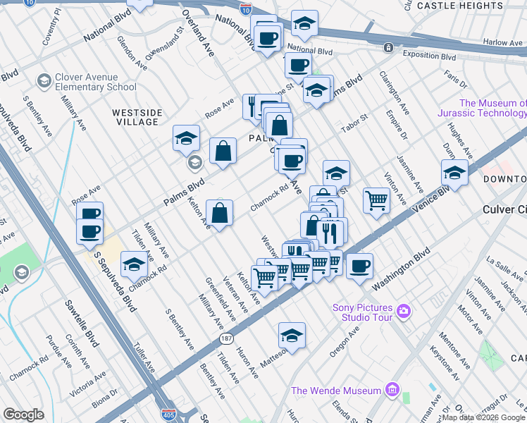 map of restaurants, bars, coffee shops, grocery stores, and more near 3613 Glendon Avenue in Los Angeles