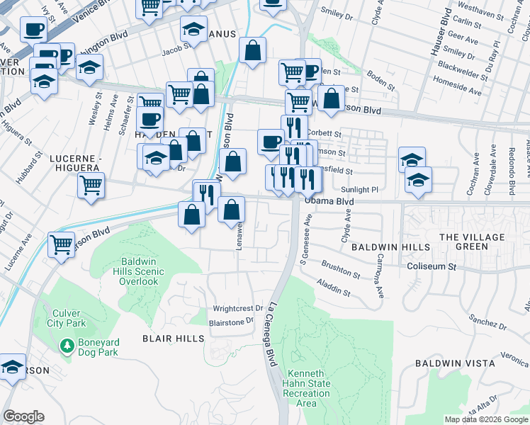 map of restaurants, bars, coffee shops, grocery stores, and more near 3614 Kalsman Drive in Los Angeles