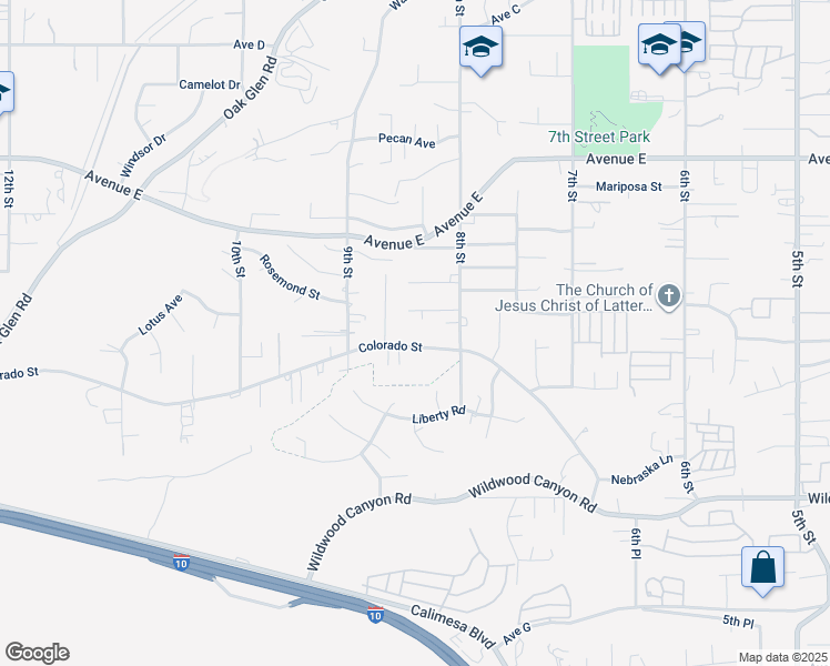 map of restaurants, bars, coffee shops, grocery stores, and more near 33622 Colorado Street in Yucaipa