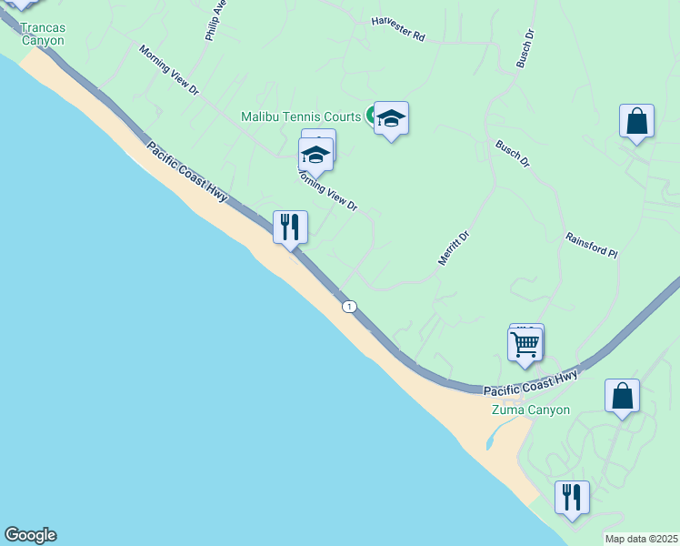 map of restaurants, bars, coffee shops, grocery stores, and more near 30020 Morning View Drive in Malibu