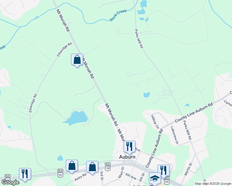 map of restaurants, bars, coffee shops, grocery stores, and more near 121 Mount Moriah Road in Auburn