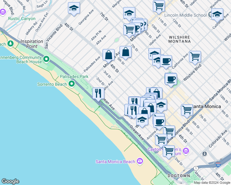 map of restaurants, bars, coffee shops, grocery stores, and more near 937 2nd Street in Santa Monica