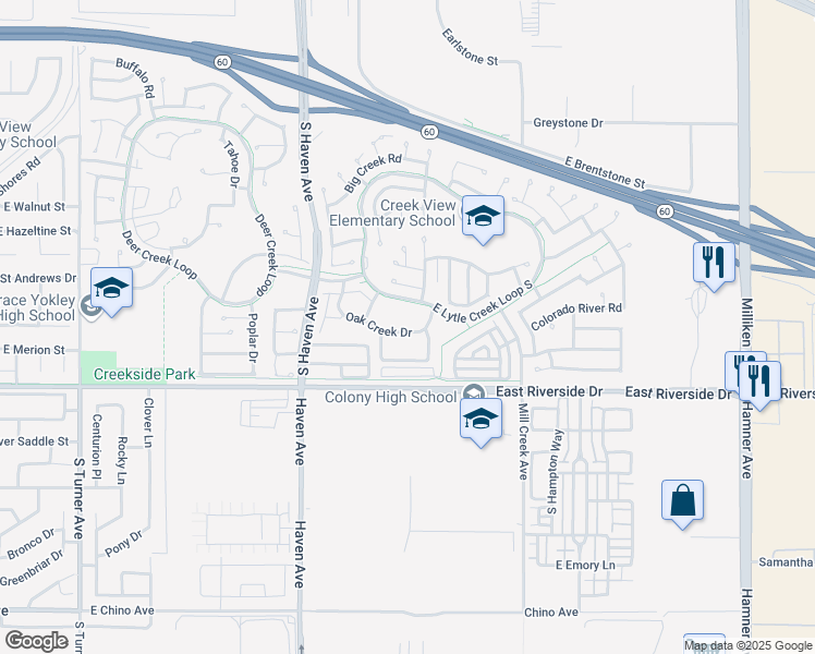map of restaurants, bars, coffee shops, grocery stores, and more near 3653 Oak Creek Drive in Ontario