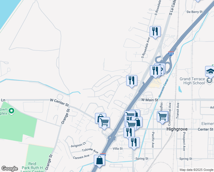 map of restaurants, bars, coffee shops, grocery stores, and more near 2851 South La Cadena Drive in Colton