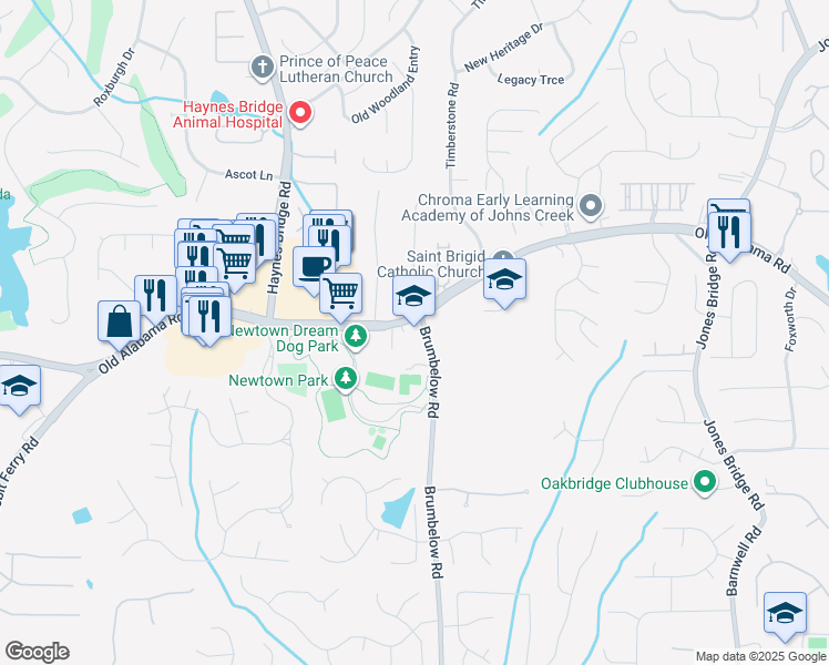 map of restaurants, bars, coffee shops, grocery stores, and more near 3290 Old Alabama Road in Johns Creek
