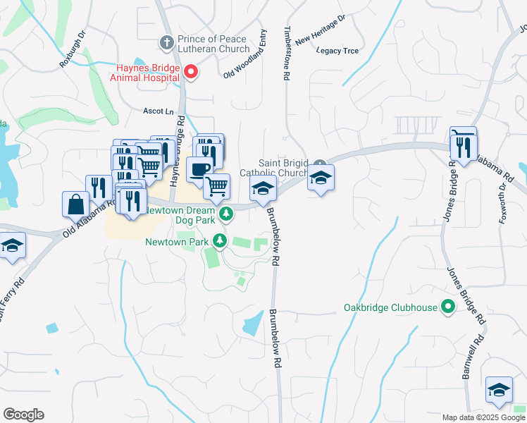 map of restaurants, bars, coffee shops, grocery stores, and more near 3290 Old Alabama Road in Johns Creek
