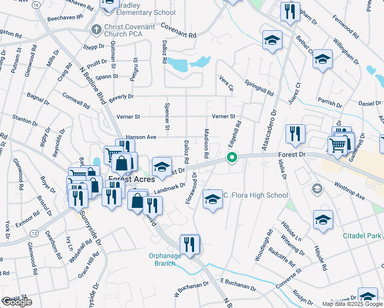 map of restaurants, bars, coffee shops, grocery stores, and more near 1608 Dalloz Road in Columbia