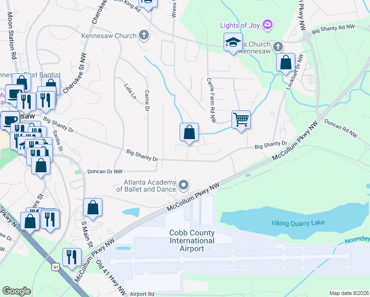 map of restaurants, bars, coffee shops, grocery stores, and more near 2757 Ivey Park Drive in Kennesaw