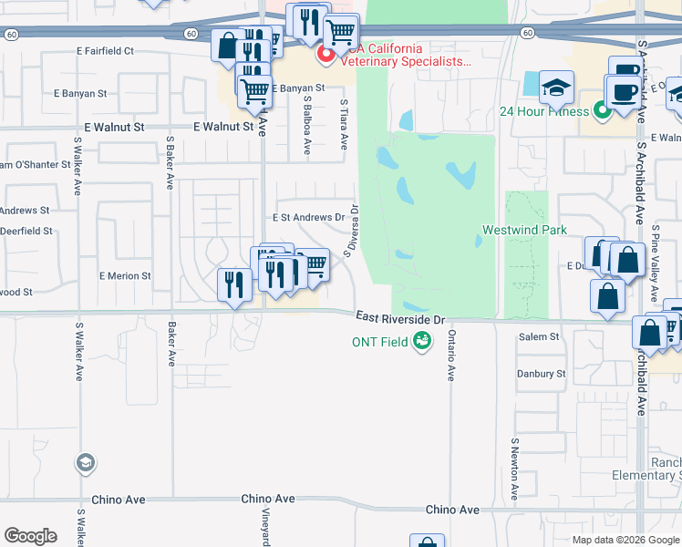 map of restaurants, bars, coffee shops, grocery stores, and more near 2874 South Whispering Lakes Lane in Ontario