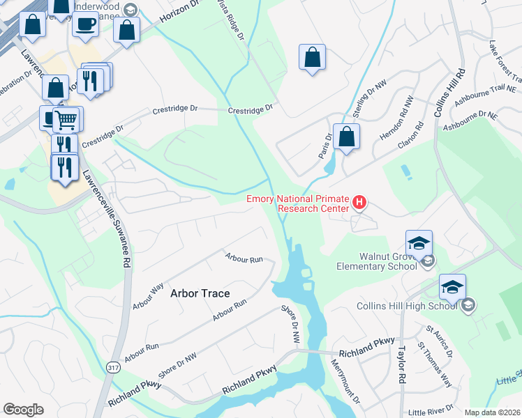 map of restaurants, bars, coffee shops, grocery stores, and more near 170 Falcon Creek Dr in Suwanee