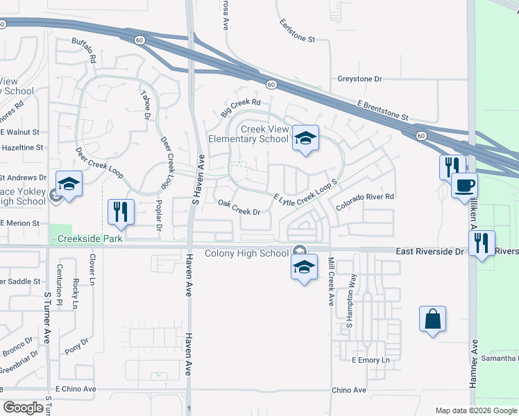 map of restaurants, bars, coffee shops, grocery stores, and more near 3653 Oak Creek Drive in Ontario