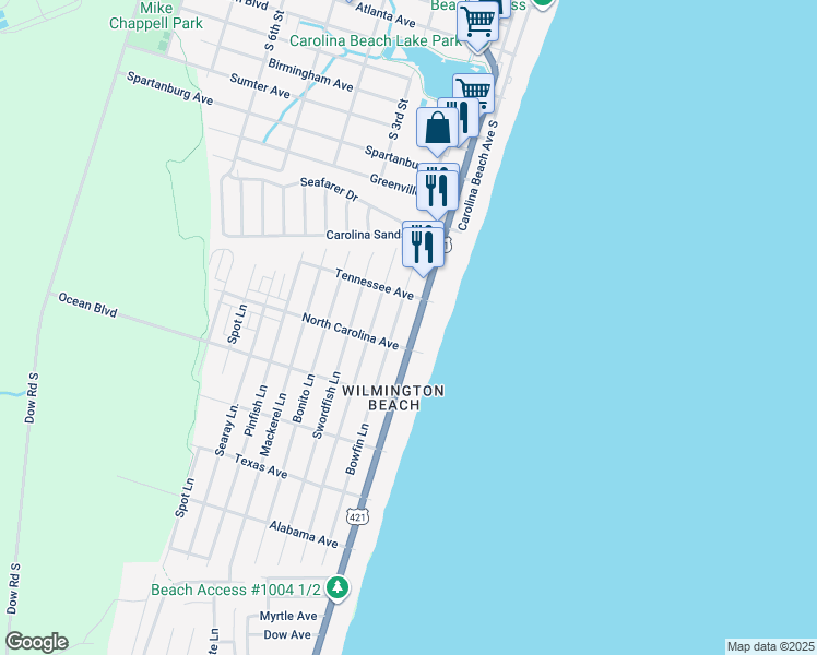 map of restaurants, bars, coffee shops, grocery stores, and more near 1214 Lake Park Boulevard South in Carolina Beach