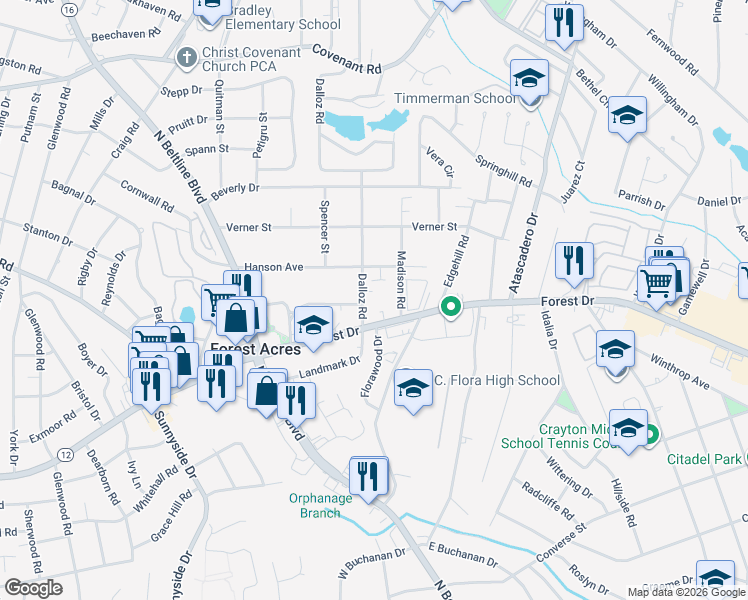 map of restaurants, bars, coffee shops, grocery stores, and more near 1608 Dalloz Road in Columbia