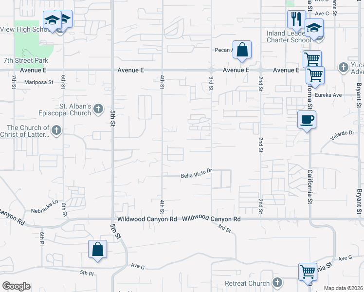 map of restaurants, bars, coffee shops, grocery stores, and more near 12821 4th Street in Yucaipa