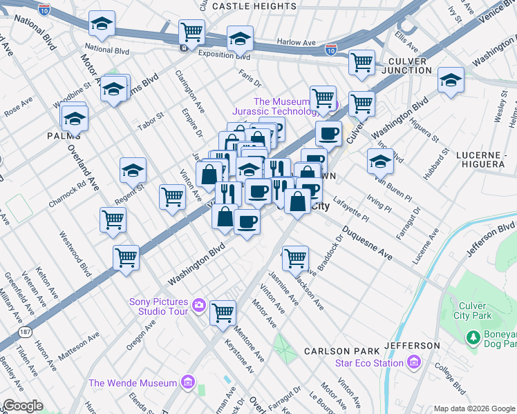 map of restaurants, bars, coffee shops, grocery stores, and more near 10101 Washington Boulevard in Culver City