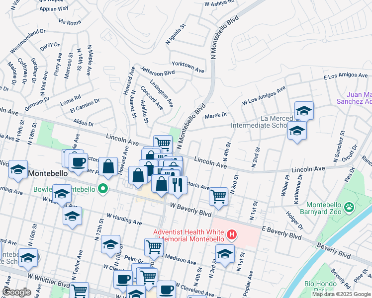 map of restaurants, bars, coffee shops, grocery stores, and more near 725 North 7th Street in Montebello