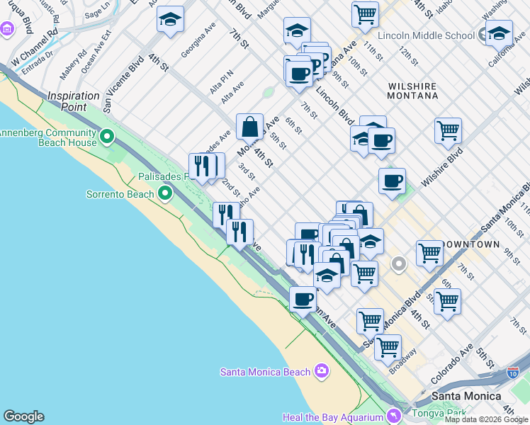 map of restaurants, bars, coffee shops, grocery stores, and more near 937 2nd Street in Santa Monica