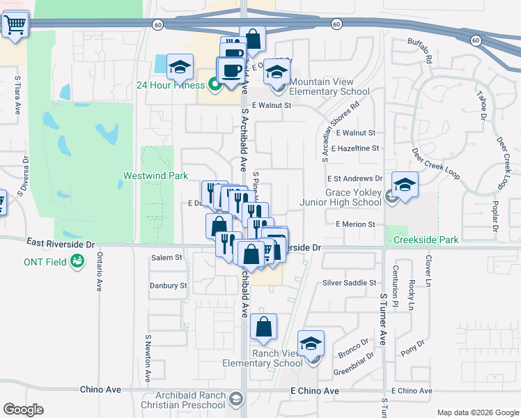 map of restaurants, bars, coffee shops, grocery stores, and more near 2851 South Pine Valley Avenue in Ontario