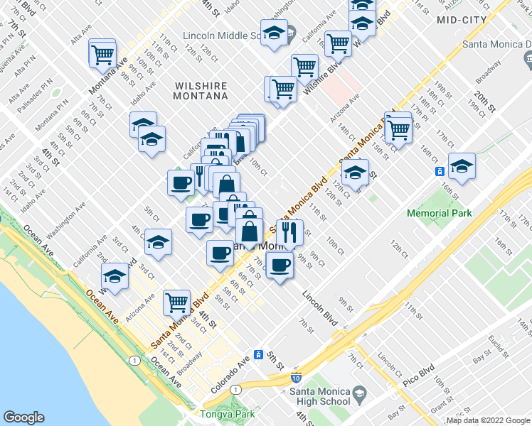 map of restaurants, bars, coffee shops, grocery stores, and more near 1321 9th Court in Santa Monica