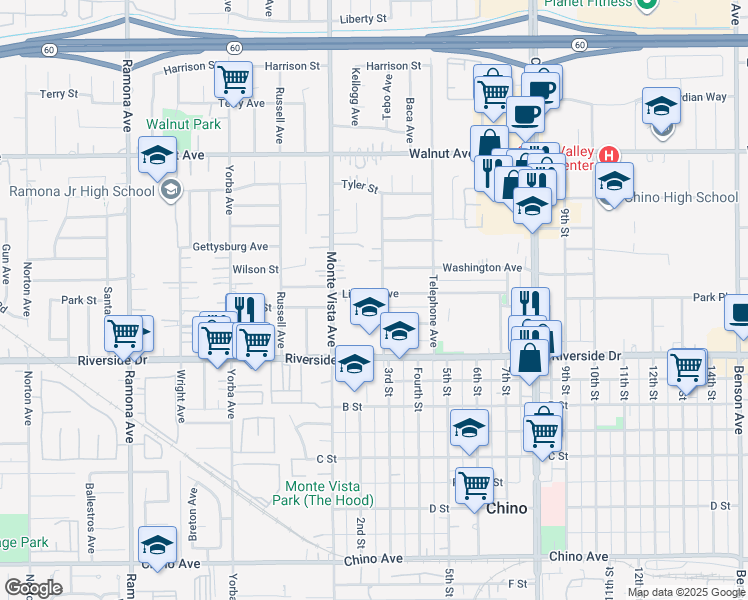 map of restaurants, bars, coffee shops, grocery stores, and more near 4981 Lincoln Avenue in Chino