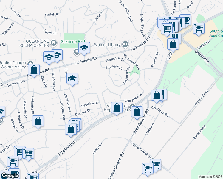 map of restaurants, bars, coffee shops, grocery stores, and more near 306 Amber Ridge Lane in Walnut