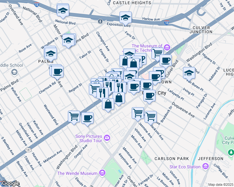 map of restaurants, bars, coffee shops, grocery stores, and more near 10221 Venice Boulevard in Los Angeles