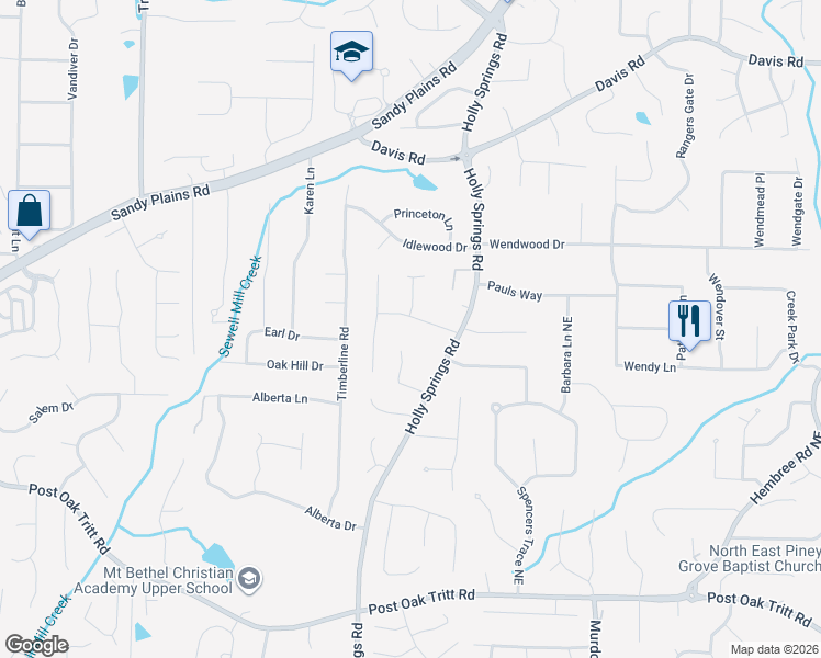 map of restaurants, bars, coffee shops, grocery stores, and more near 2842 Howard Drive in Marietta